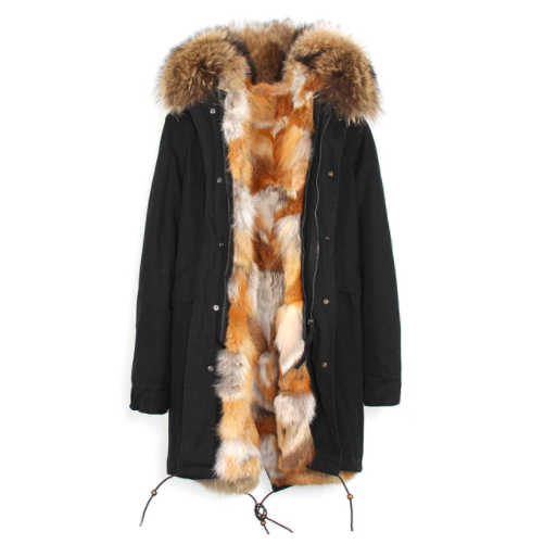 natural red fox fur lined black parka