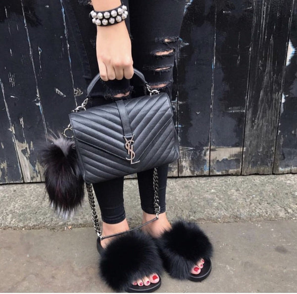 Fur Slides Slippers - Black