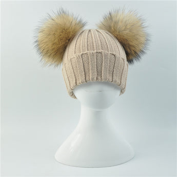 Mini Beige Double Natural Pomkin Fur Pom Hat