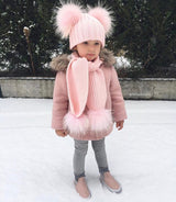 pink bobble fur pom pom hat scarf set
