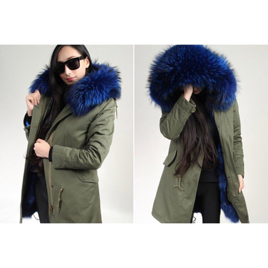 Parka with cheap blue fur hood