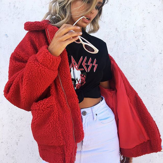 Oversized Teddy Bear Zipup Jacket Red Pomkin