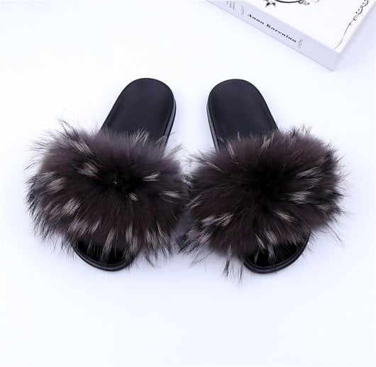 Raccoon Fur Slides Slippers - Grey Tips