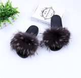 Raccoon Fur Slides Slippers - Grey Tips