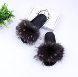 Raccoon Fur Slides Slippers - Grey Tips