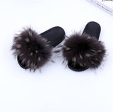 Raccoon Fur Slides Slippers - Grey Tips