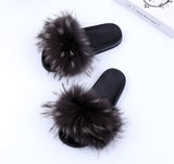 Raccoon Fur Slides Slippers - Grey Tips