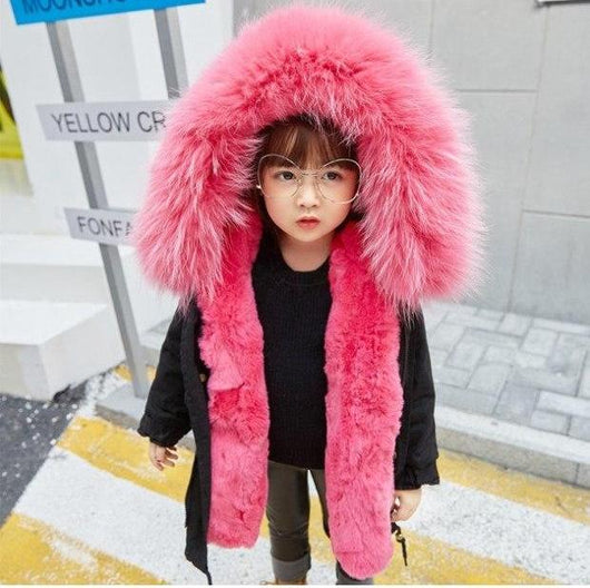 Kids Black Parka - Hot Pink Fur