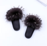 Raccoon Fur Slides Slippers - Grey Tips