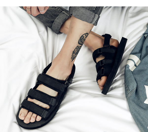 Men Black Velcro Strap Sandals