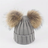 Grey Double Natural Pomkin Fur Pom Hat