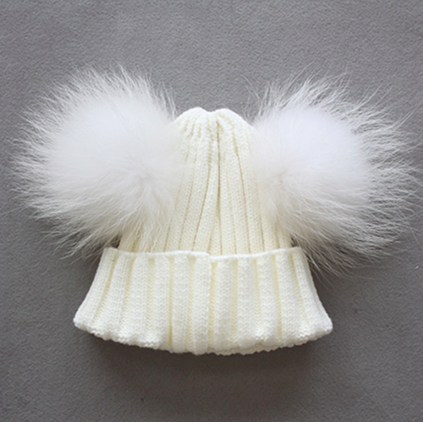 White Double Fur Pom Bobble Kids Baby Hat