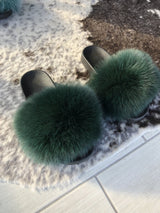 Green Olive Fox Fur Slippers Slides Flip Flops