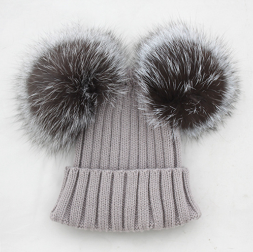 Silver Fox Light Grey Double Pomkin Fur Pom Hat