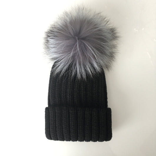 Mini Kids Silver Fox Fur Black Pomkin Hat