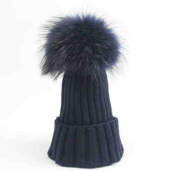 Navy Fur Pom Pom Bobble Hat Tuque