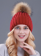 red fur pompom  pom bobble hat