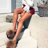 Raccoon Fur Slides Slippers - Natural Brown