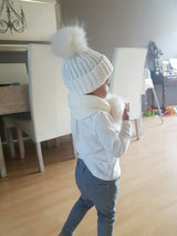 Kids Fur Pom Pom White Hat Tuque