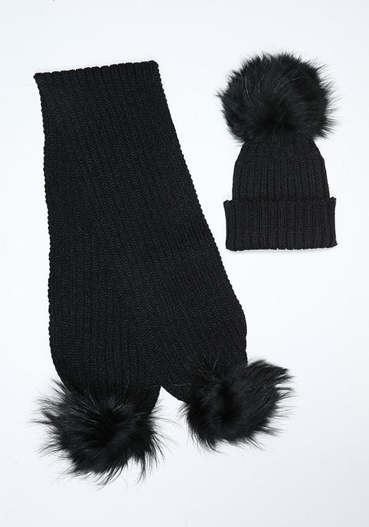 Black Fur Pom Hat Scarf Set