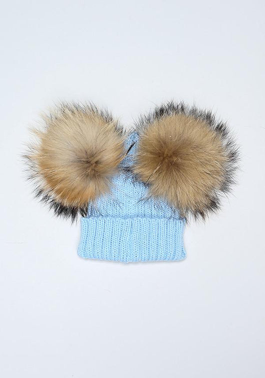 Mini Baby Blue Double Fur Pom Hat