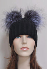 Silver Fox Black Double Pomkin Fur Pom Hat
