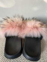 Raccoon Fur Slides Slippers - Dusty Pink
