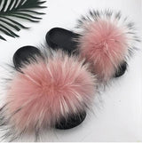 Raccoon Fur Slides Slippers - Dusty Pink