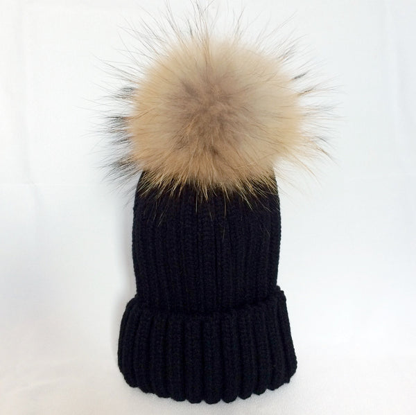 Black Fur Pom Pom Bobble Hat Tuque