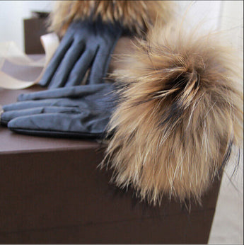 Raccoon Fur Cuff Genuine Leather Gloves