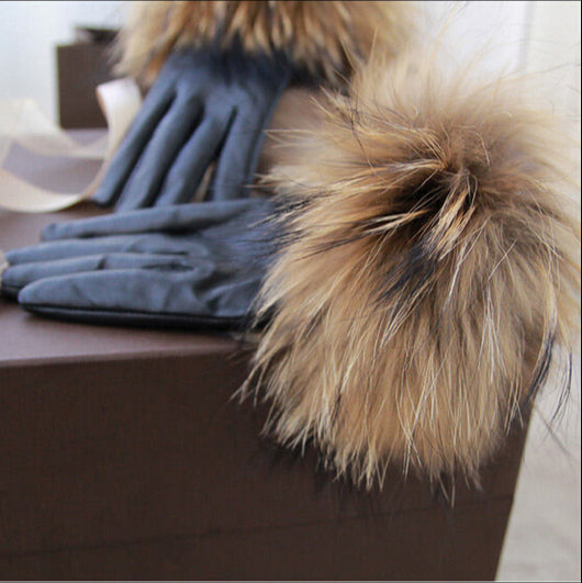 Raccoon Fur Cuff Genuine Leather Gloves
