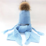 Kids Icy Blue Fur Pom Crochet Hat + Scarf Set