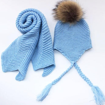baby blue fur pom crochet hat scarf set