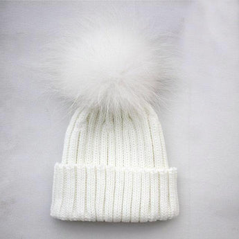 Kids Fur Pom Pom White Hat Tuque