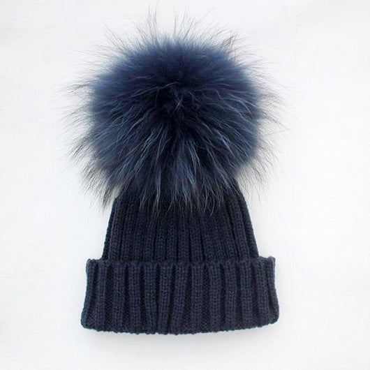 Navy Blue Fur Pom Hat