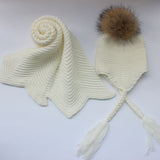 Kids White Pomkin Crochet Hat + Scarf Set