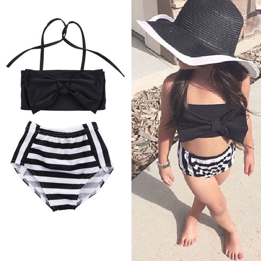 Girls Two Piece Black & White Swimsuit - 2 - 7years
