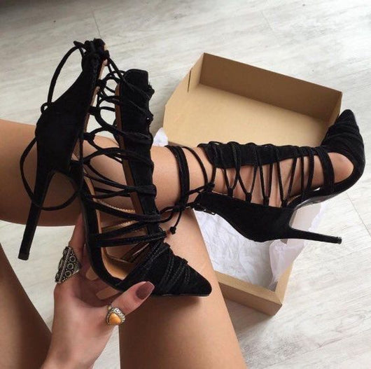 TRACY Black Lace-Up Strappy Pumps