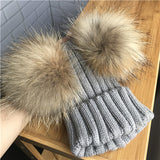 Mini Grey Double Natural Pomkin Fur Pom Hat