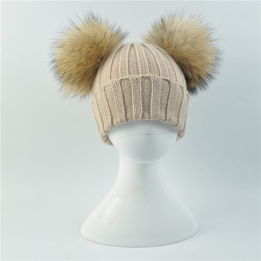 Beige Double Natural Pomkin Fur Pom Hat