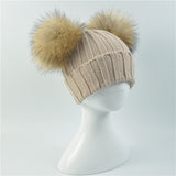 Mini Beige Double Natural Pomkin Fur Pom Hat