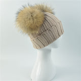 Mini Beige Double Natural Pomkin Fur Pom Hat