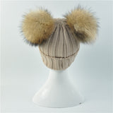 Mini Beige Double Natural Pomkin Fur Pom Hat