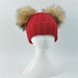 Red Double Natural Pomkin Fur Pom Hat