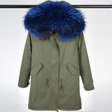Blue Fur Raccoon Winter Army Green Coat Parka
