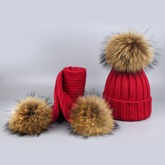 red fur pompom  pom bobble hat scarf set