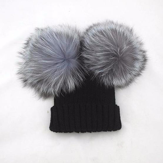 Mini Silver Fox Double Pomkin Fur Pom Hat