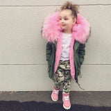Kids Green Parka - Pink Fur