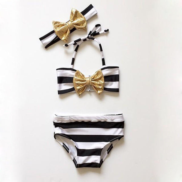 Girls Sailor Striped Gold Bow Swimsuit 2-7 years