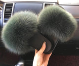 Green Olive Fox Fur Slippers Slides Flip Flops